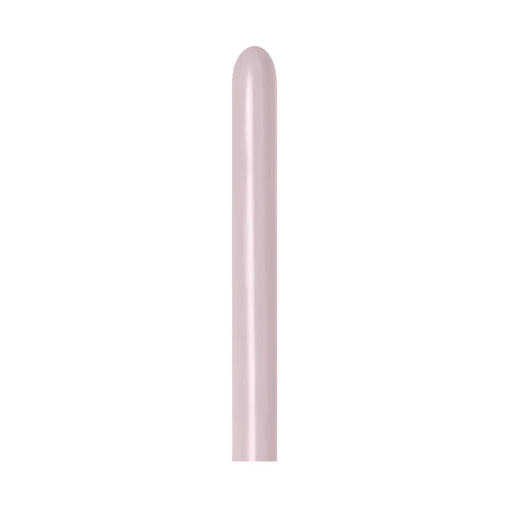 Long, slender pastel dusk rose pink latex balloon, smooth surface, tubular shape.