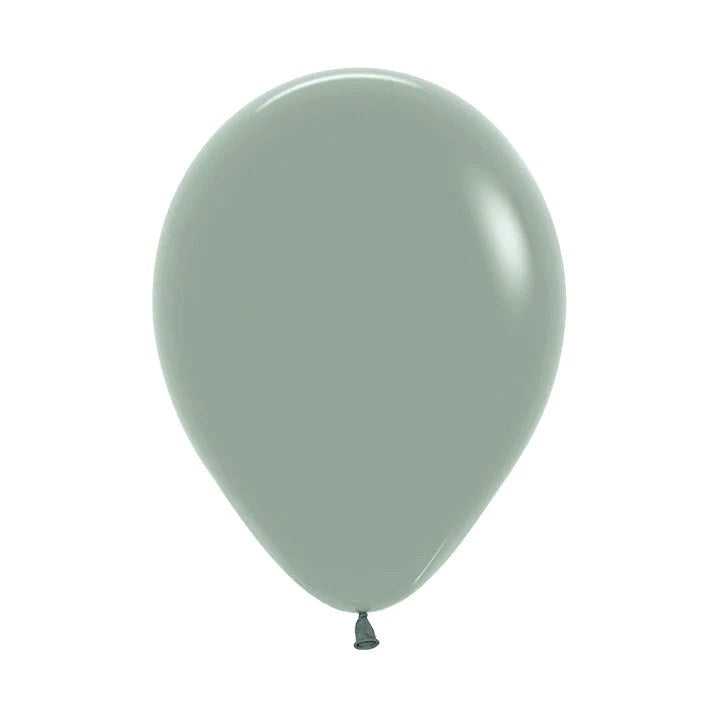 Matte dusk laurel green 5-inch latex balloon, teardrop shape, uninflated.