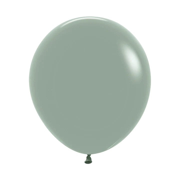 Matte latex balloon in muted dusky laurel green, standard round shape, inflated to 18 inches.