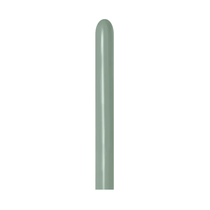 Single uninflated pastel dusk laurel green elongated latex balloon with rounded tip.