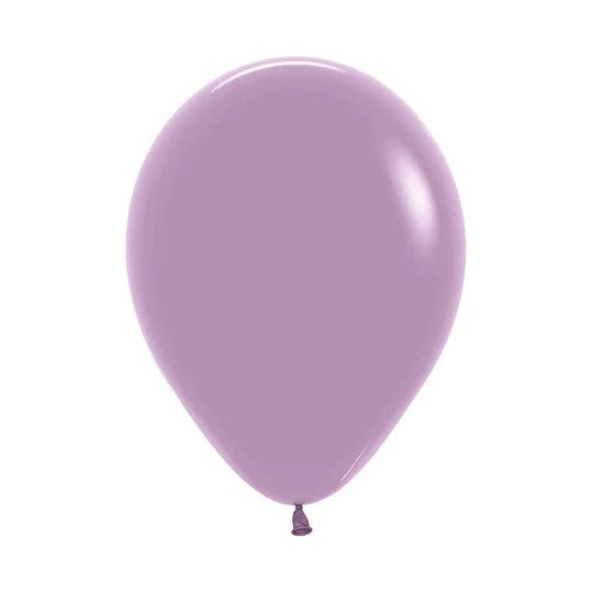 9-inch round latex balloon in dusk lavender color, smooth surface, tied end.