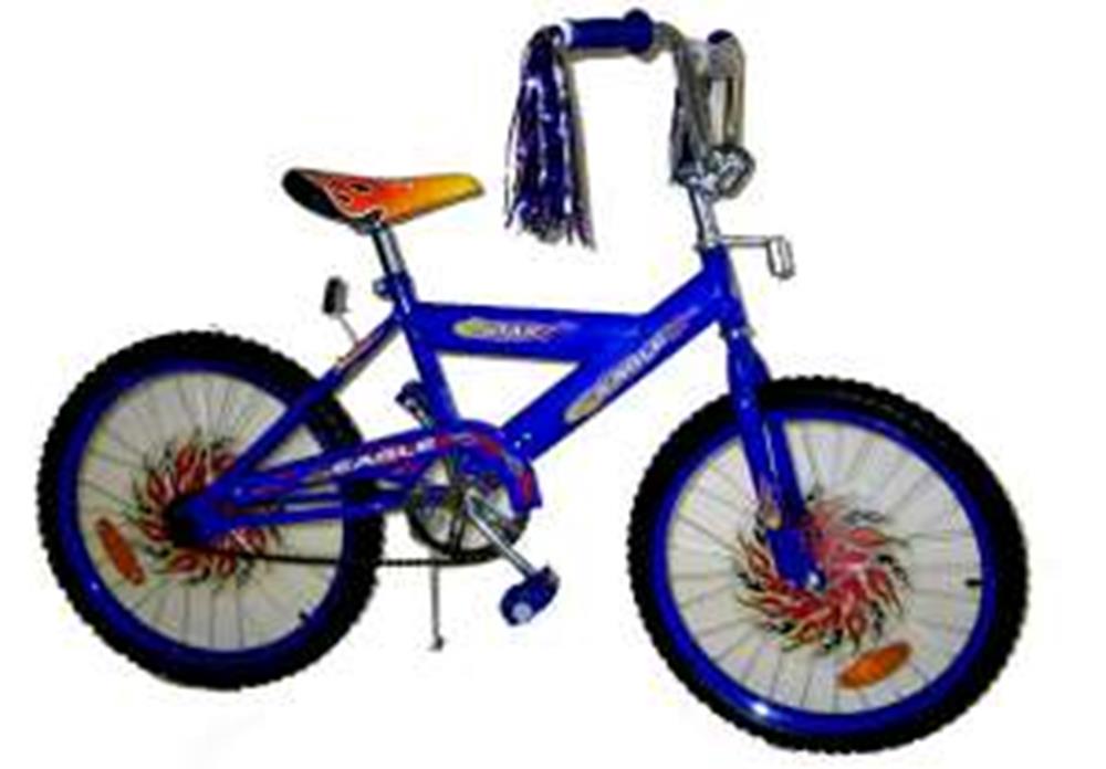 Blue 20-inch BMX bike with flame graphics on wheels, Y-type frame, and handlebar tassels.