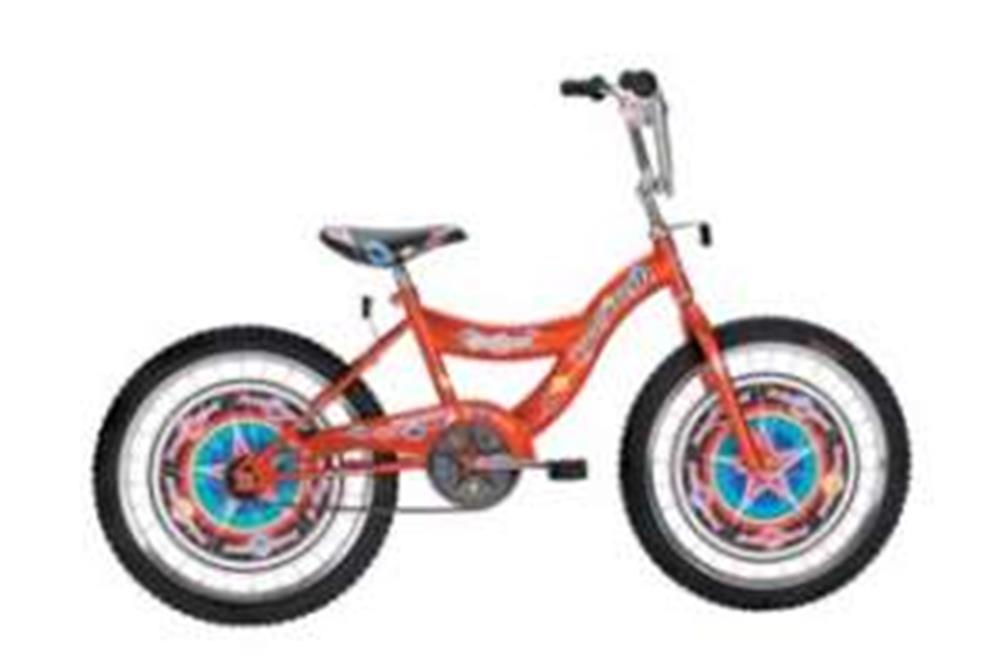 Red 20-inch BMX bike with black tires, blue and red star-patterned wheel hubs, and padded black seat.