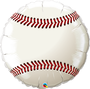 36-inch round foil balloon designed as a white baseball with red stitching details.