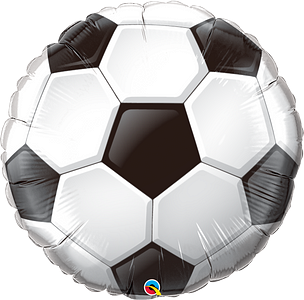36-inch round foil balloon designed like a classic black-and-white soccer ball.