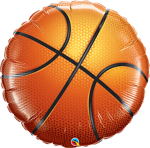 36-inch round foil balloon designed like an orange basketball with black lines and textured dot pattern.