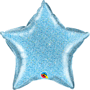 Light blue star-shaped foil balloon with glittery surface and smooth edges, 20 inches tall.