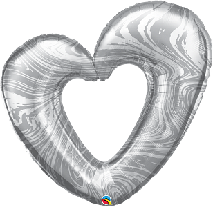 Silver marble-patterned 42-inch foil balloon shaped like a hollow heart with a glossy finish.