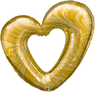 Gold foil heart-shaped balloon with a hollow center and marble swirl pattern.