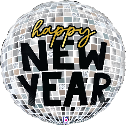 28-inch round foil balloon designed like a silver disco ball with "happy NEW YEAR" text in black and yellow.