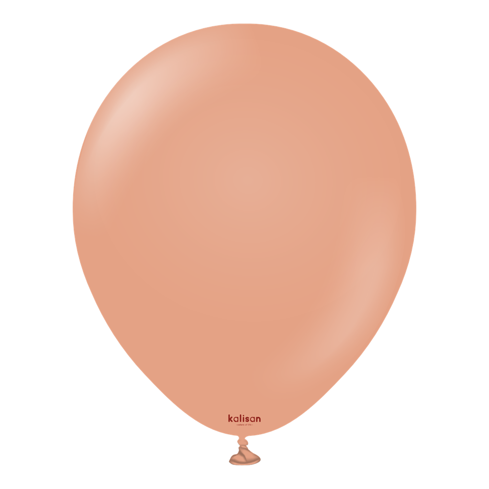 24-inch round latex balloon in clay pink color with a tied knot at the bottom.