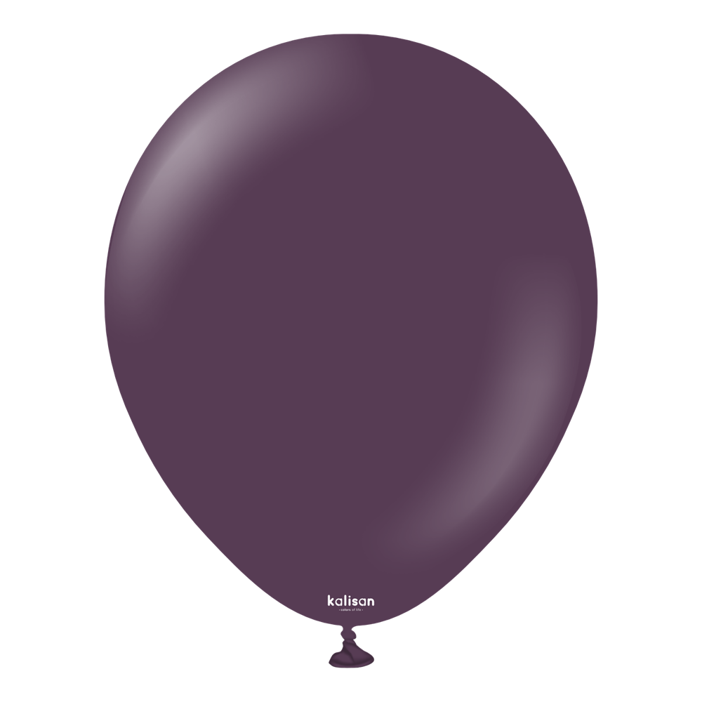 Plum-colored latex balloon, 18 inch round shape with glossy finish.