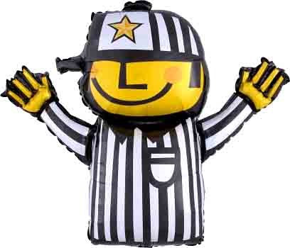 32-inch foil balloon shaped like a referee wearing a black and white striped shirt and helmet with a yellow star.