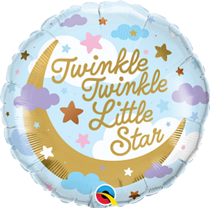 Round foil balloon with a gold crescent moon, stars, clouds, and "Twinkle Twinkle Little Star" text on a light blue.