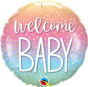 Round foil balloon with pink, purple, and teal gradient and gold polka dots, saying "Welcome Baby" in white and purple.