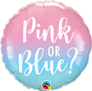 Round 18-inch foil balloon with pink-to-blue ombre gradient and white "Pink or Blue?" text.
