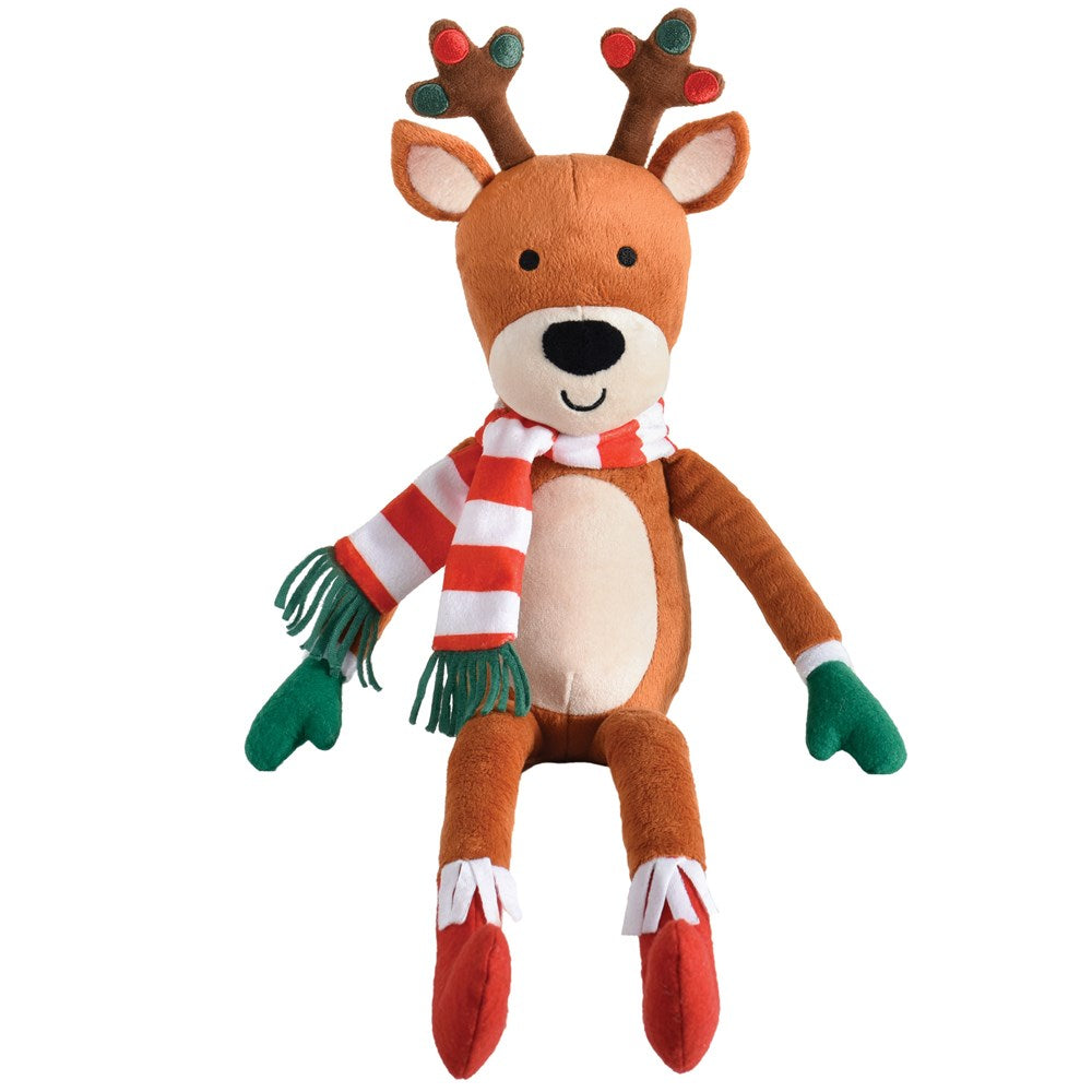 Plush reindeer with brown body, red nose, green gloves, red boots, striped red and white scarf, and small antlers.