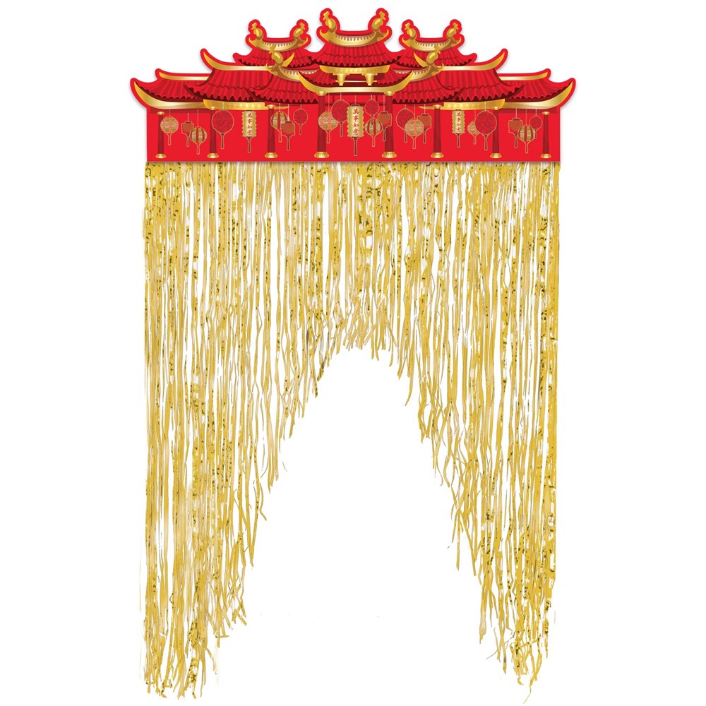 Red and gold Chinese New Year door curtain with hanging fringe and traditional roof design topper.