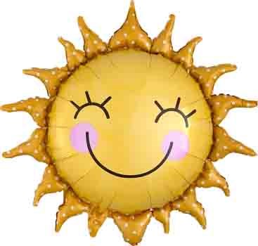 Round yellow foil balloon shaped like a smiling sun with closed eyes and pink cheeks, 29 inch.