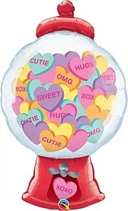 43-inch foil balloon shaped like a red gumball machine filled with colorful heart-shaped candies featuring messages like.