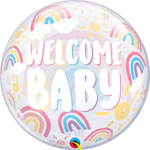 Round foil balloon with pastel rainbows, clouds, and yellow suns, text "Welcome Baby" in white and pink letters.