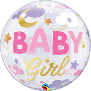 22-inch round foil balloon with "BABY" in pink and "Girl" in yellow script, night sky design with stars, moon, and clouds.