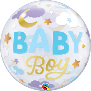 Round transparent balloon with blue "BABY" text, yellow "Boy" script, and cloud, star, and moon patterns.