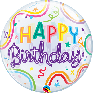 22-inch round bubble balloon with reflective silver background, colorful confetti, streamers, and "Happy Birthday" in bold.