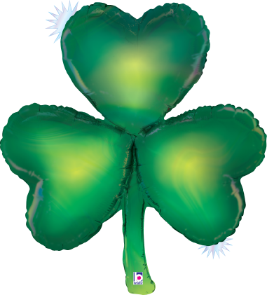 32-inch green opal shamrock foil balloon with holographic sheen, heart-shaped leaves.