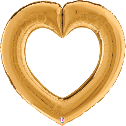 Gold foil balloon shaped like two linking hearts, 32 inches wide, shiny metallic finish.