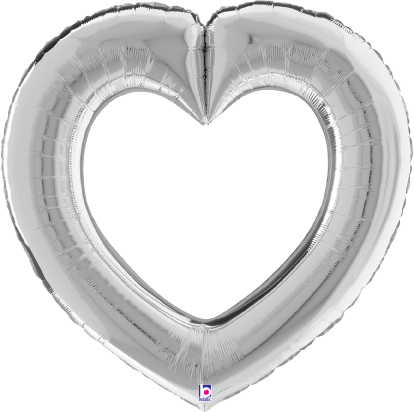 Silver foil balloon shaped like two linked hearts with a hollow center, 32 inches tall.