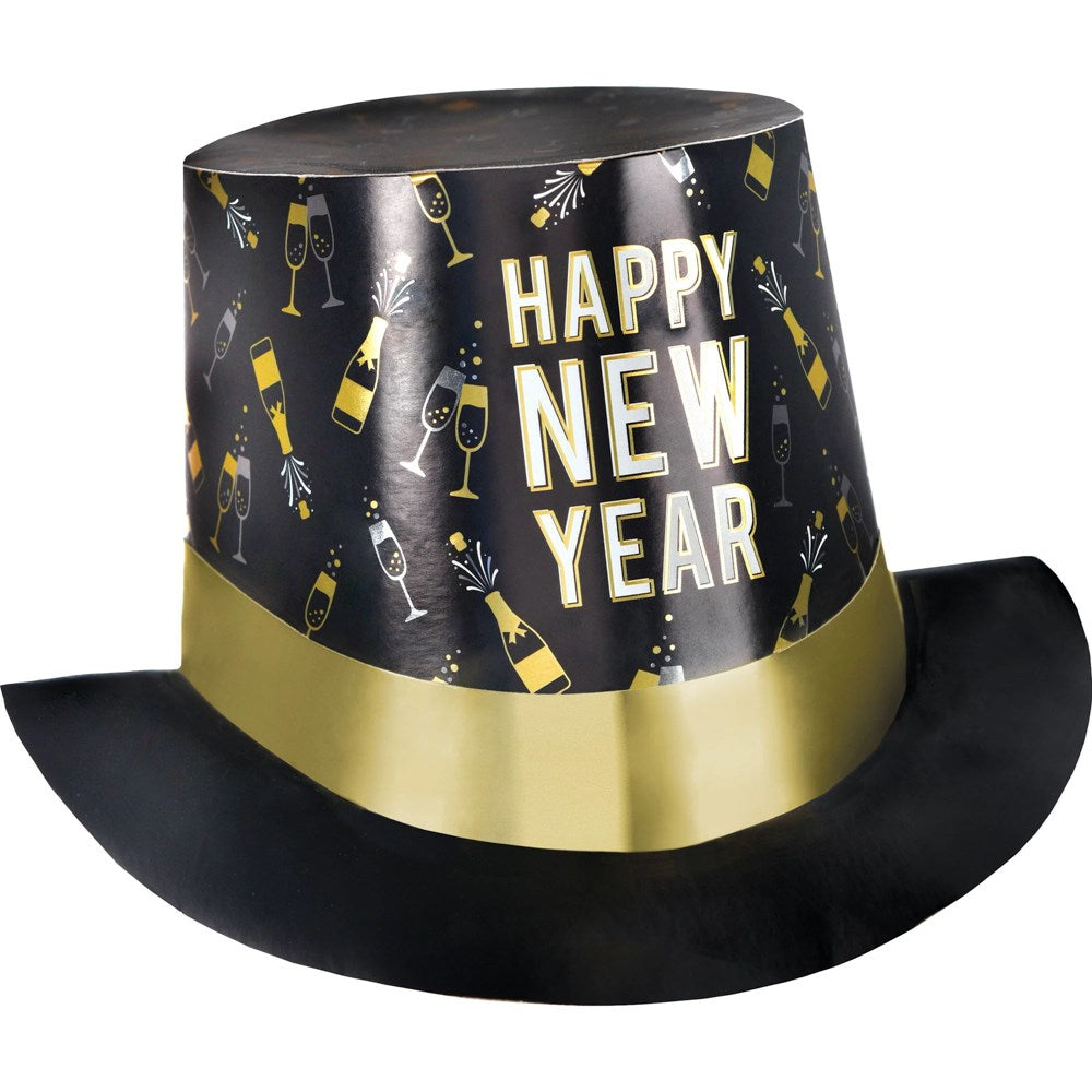 Black top hat with gold band and "Happy New Year" text, decorated with champagne and confetti icons.