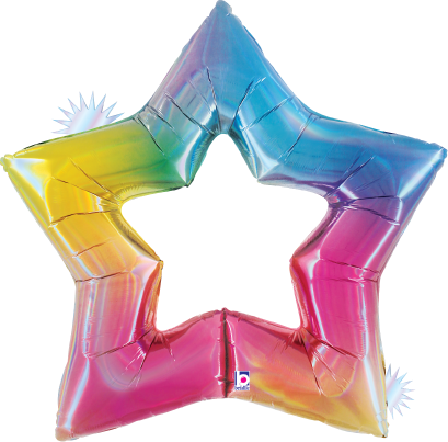 38-inch star-shaped foil balloon with holographic rainbow gradient colors.