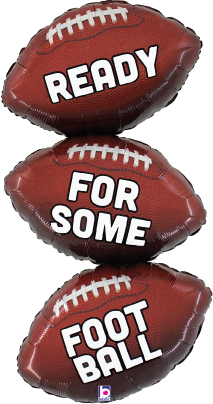 Set of three 34-inch brown foil balloons shaped like footballs with white laces and bold white text reading "READY FOR SOME.