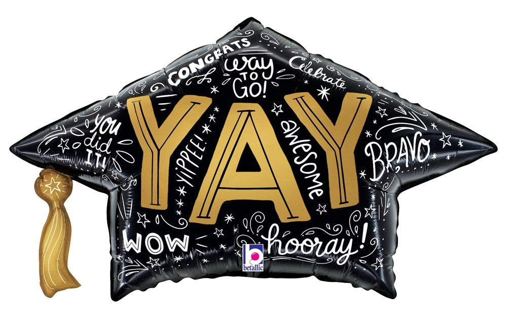Black foil graduation cap balloon with gold tassel and large gold "YA" letters, surrounded by celebratory words in white.
