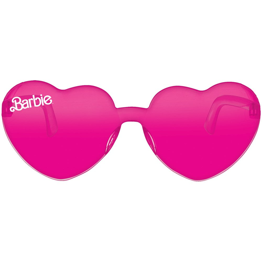 Bright pink heart-shaped plastic sunglasses with Barbie logo on one lens.