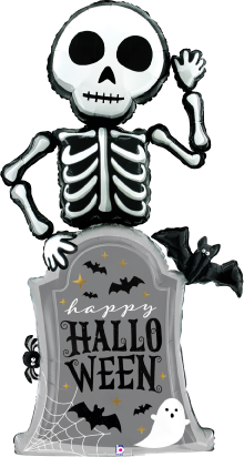 67-inch foil skeleton balloon holding a tombstone with "Happy Halloween" text, ghost, bats, and stars.