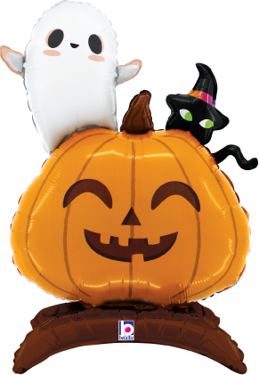 Orange foil jack-o-lantern balloon with brown stem, smiling face, and attached white ghost and black cat balloons.