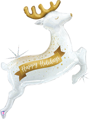 48-inch white glittery holographic reindeer balloon with gold antlers and "Happy Holidays" banner.