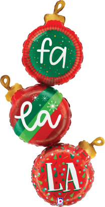 Set of three red foil Christmas ornaments with white "fa," "la," and "la" text and green and gold accents.