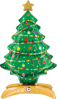 Green foil Christmas tree balloon with colorful ornaments, gold star topper, and gold base.