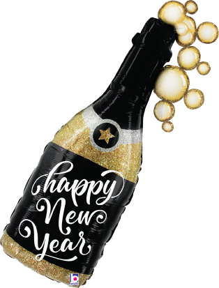 39-inch foil balloon shaped like a black champagne bottle with gold glitter accents and white "Happy New Year" text, topped.