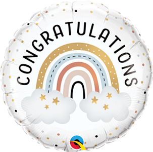 Round foil balloon with "Congratulations" text, featuring a pastel boho rainbow and two white clouds with gold stars on a.