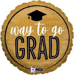 Gold round foil balloon with black graduation cap and large "Way to Go Grad" text in white and black, subtle.