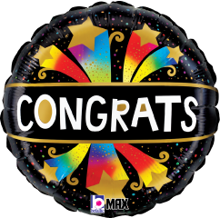 Round black foil balloon with colorful bursting stars and white "CONGRATS" text in bold letters.