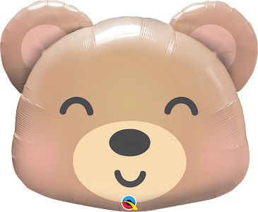 Light brown foil balloon shaped like a smiling baby bear head with closed eyes and pink inner ears.