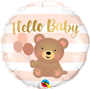 Round foil balloon with pink and white stripes, featuring a smiling brown bear holding pink balloons and "Hello Baby" text.