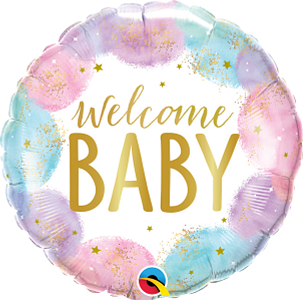 Round foil balloon with pastel pink and blue watercolor splotches, gold stars, and "Welcome Baby" in gold script and bold.