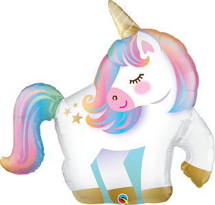 41 inch foil balloon shaped like a white unicorn with pastel rainbow mane, tail, and gold horn and hooves.
