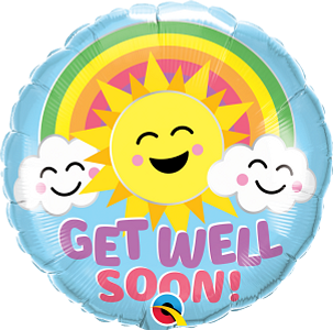 Round foil balloon with a smiling yellow sun, two happy white clouds, rainbow background, and "Get Well Soon!" in pink.